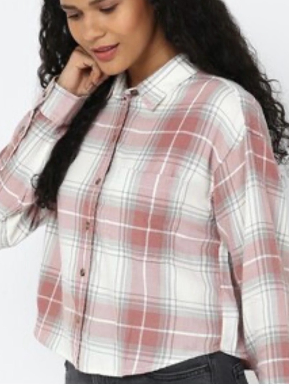 American Eagle XL Cropped Plaid Flannel Button Down Pink Gray Cream